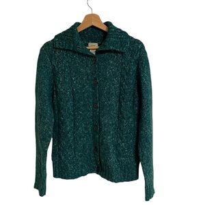 L.L. Bean dark green speckled wool knit high neck button up cardigan cabincore S